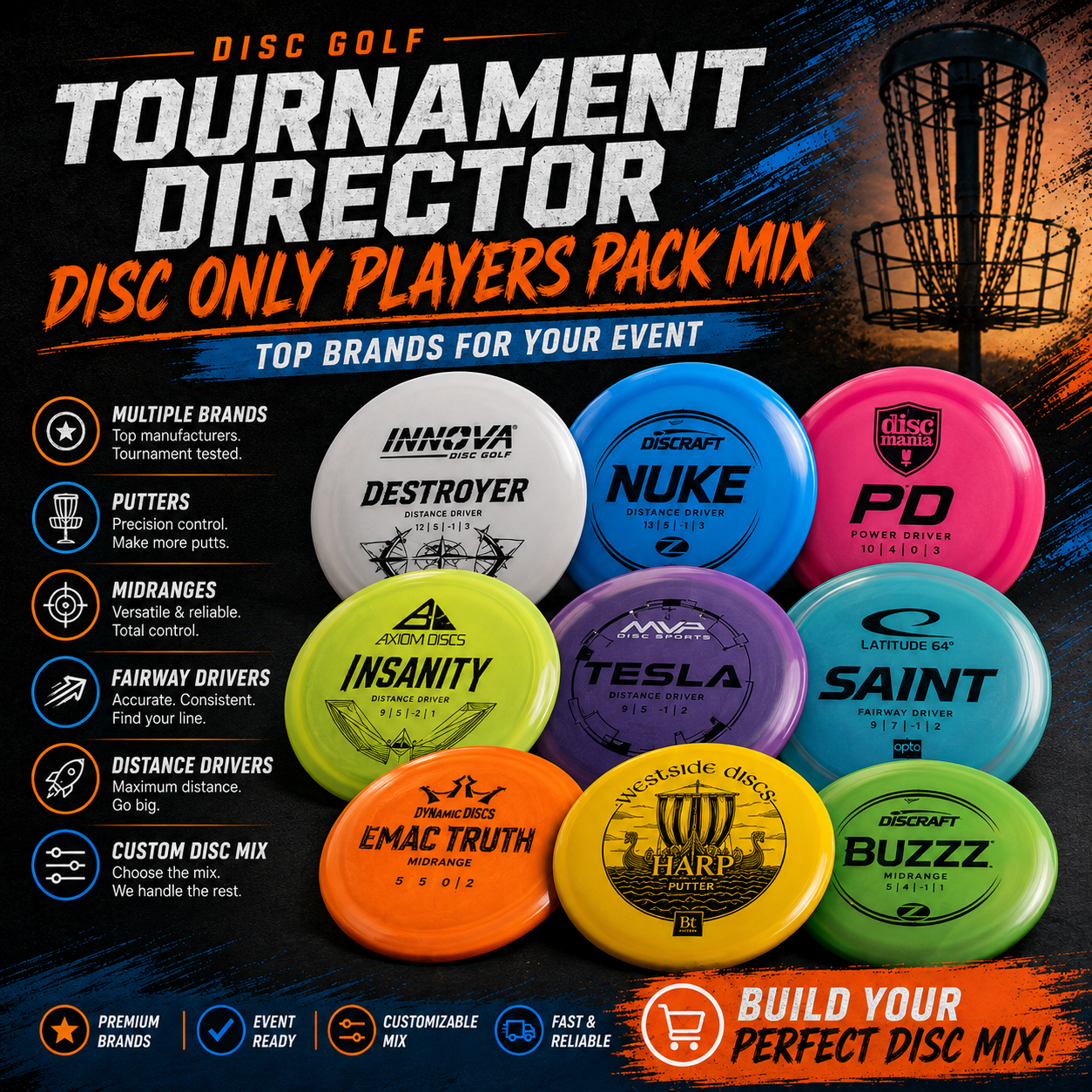 Tournament Director Players Packs of Premium Plastic Discs - Mixed Brands