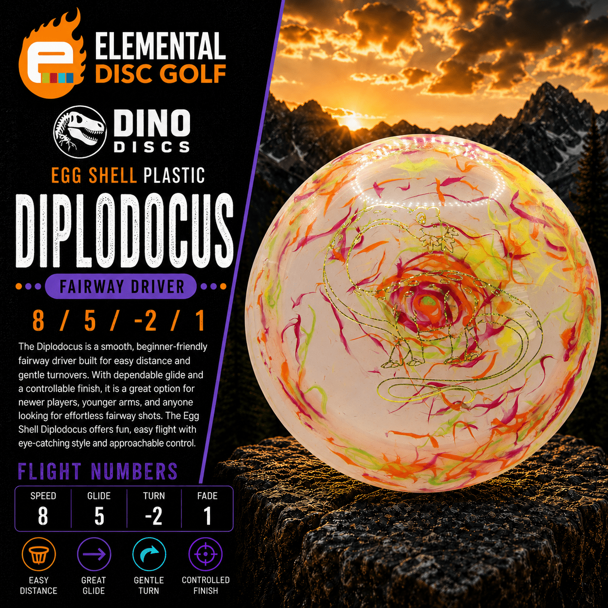 Dino Discs Egg Shell Diplodocus (8/5/-2/1) - Elemental Disc Golf