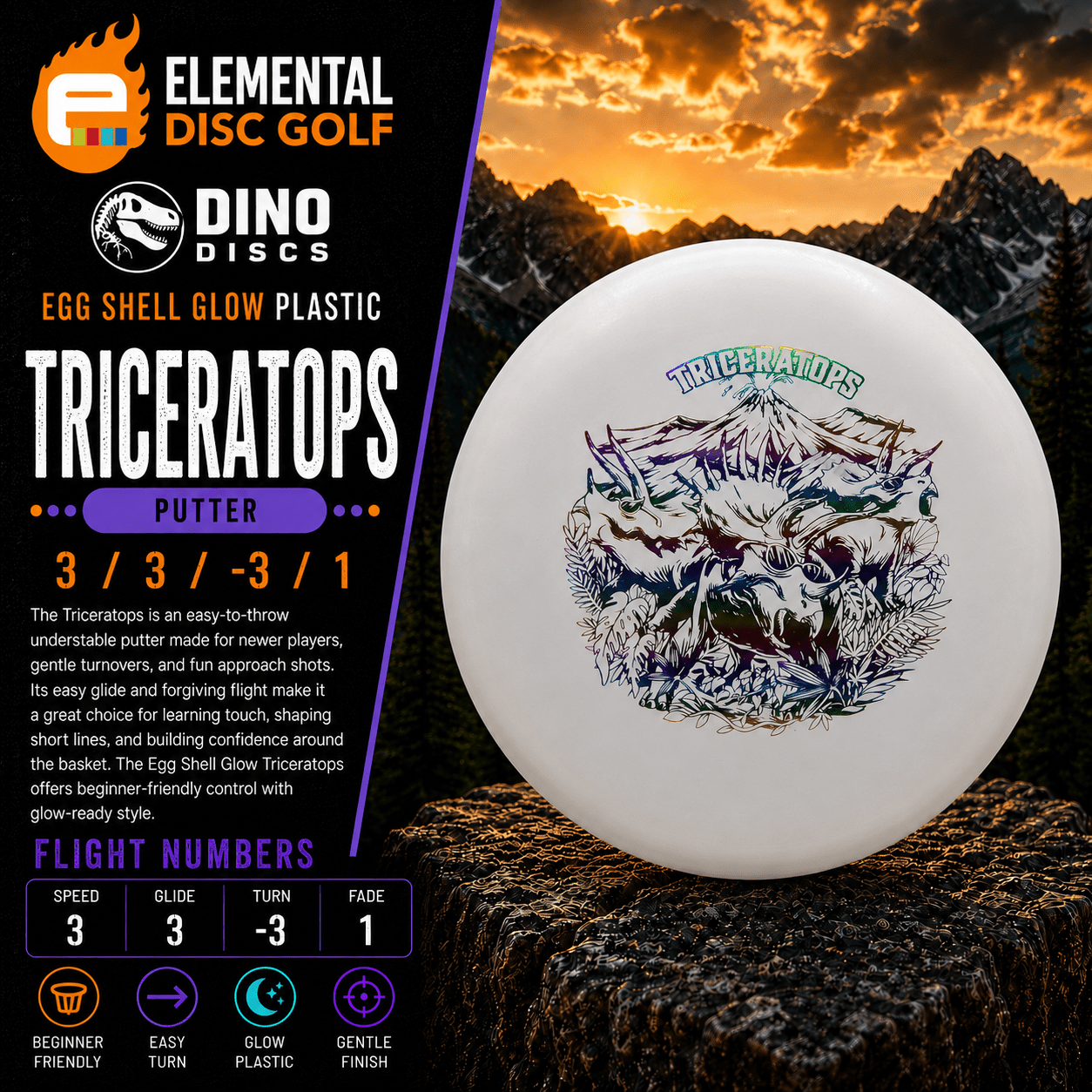Dino Discs Egg Shell Glow Triceratops (3/3/-3/1) - Elemental Disc Golf