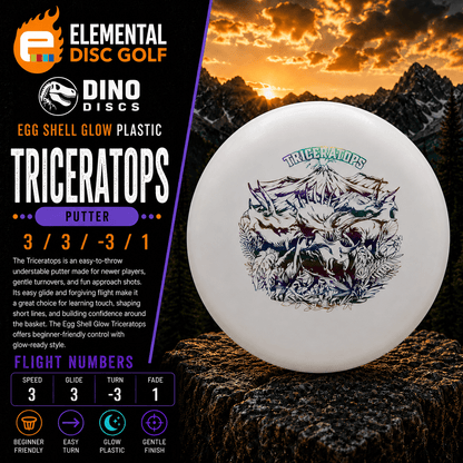 Dino Discs Egg Shell Glow Triceratops (3/3/-3/1) - Elemental Disc Golf