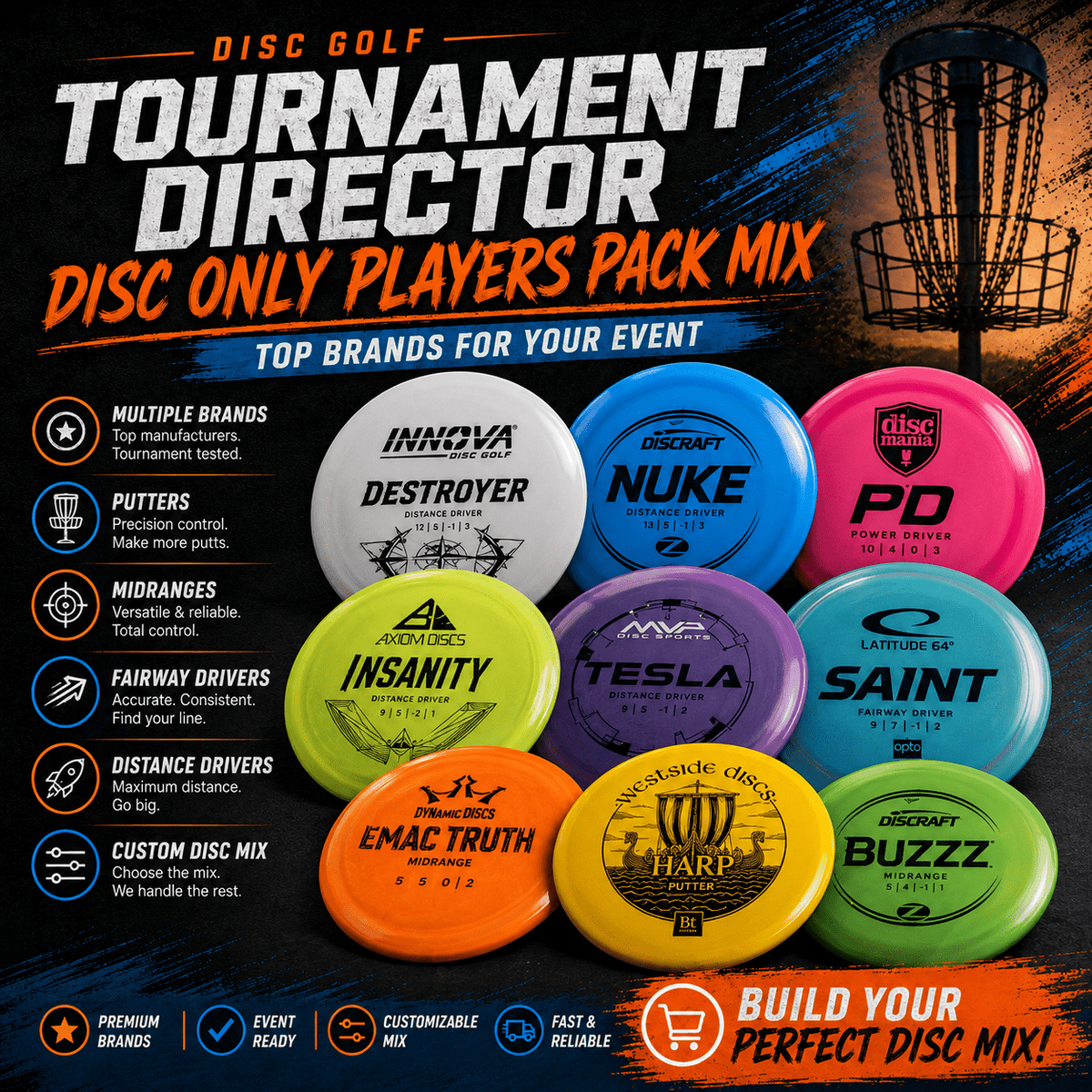 Tournament Director Players Packs of Base Plastic Discs - Mixed Brands - Elemental Disc Golf